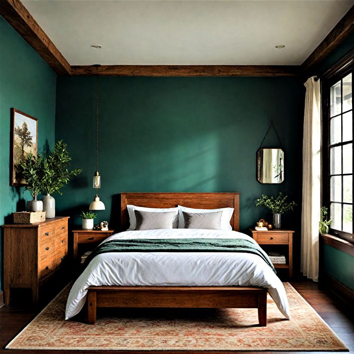 refined cozy dark green bedroom with rustic charm