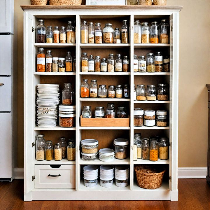 repurpose bookshelf to become extra pantry storage for small kitchen