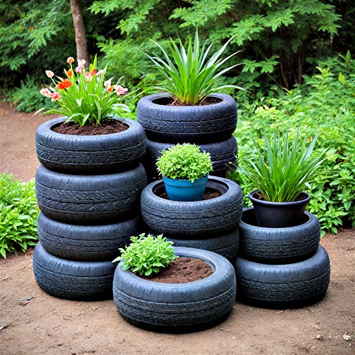 repurpose old tires as planters to add character to your backyard garden