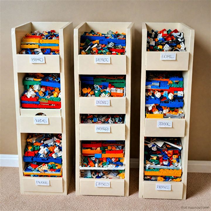 repurposed vertical file organizers to sort and store lego
