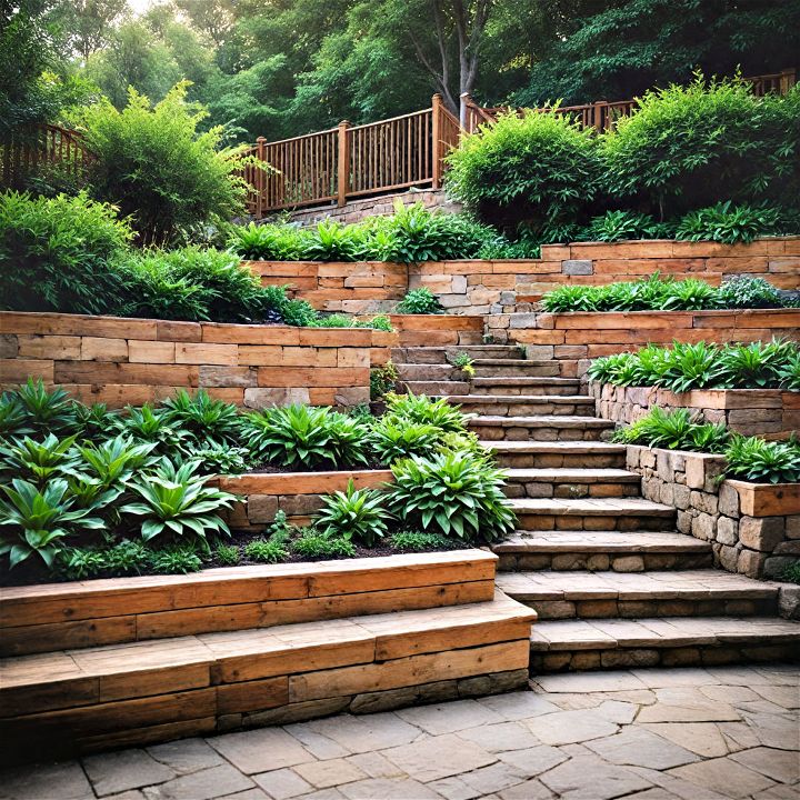 retaining wall with wooden terraces
