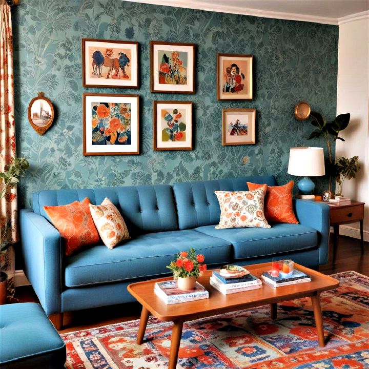 retro revival blue couch living room