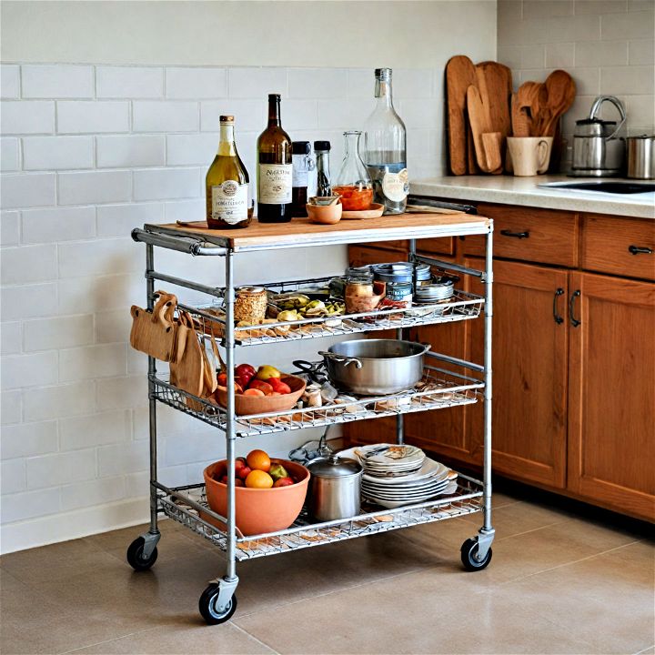 rolling cart to provide extra counter storage space for small kitchens
