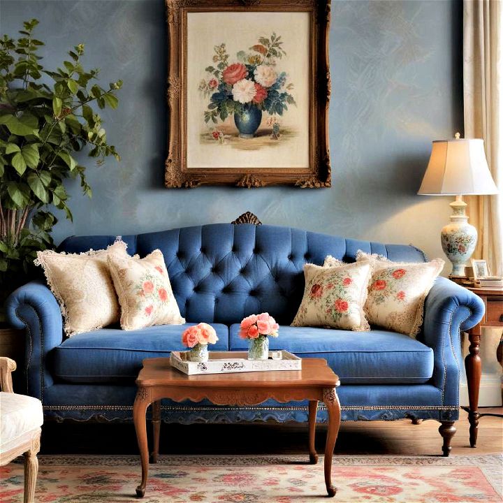 romantic vintage blue couch living room