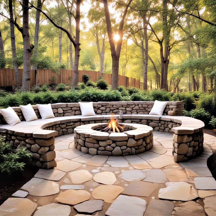 rustic and durable stone benches around a fire pit