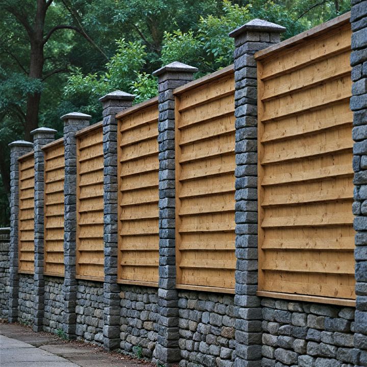 rustic and sturdy wood fence with stone
