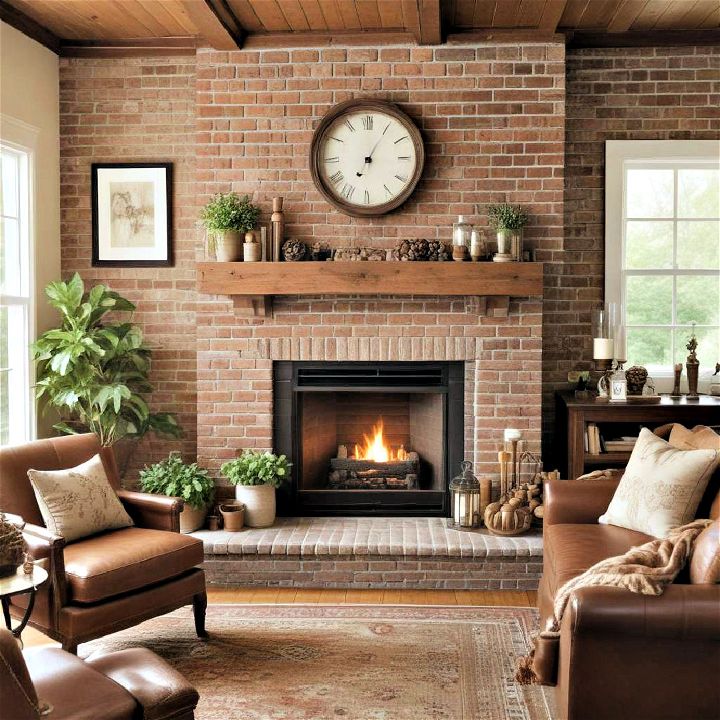 rustic brown painted brick fireplace