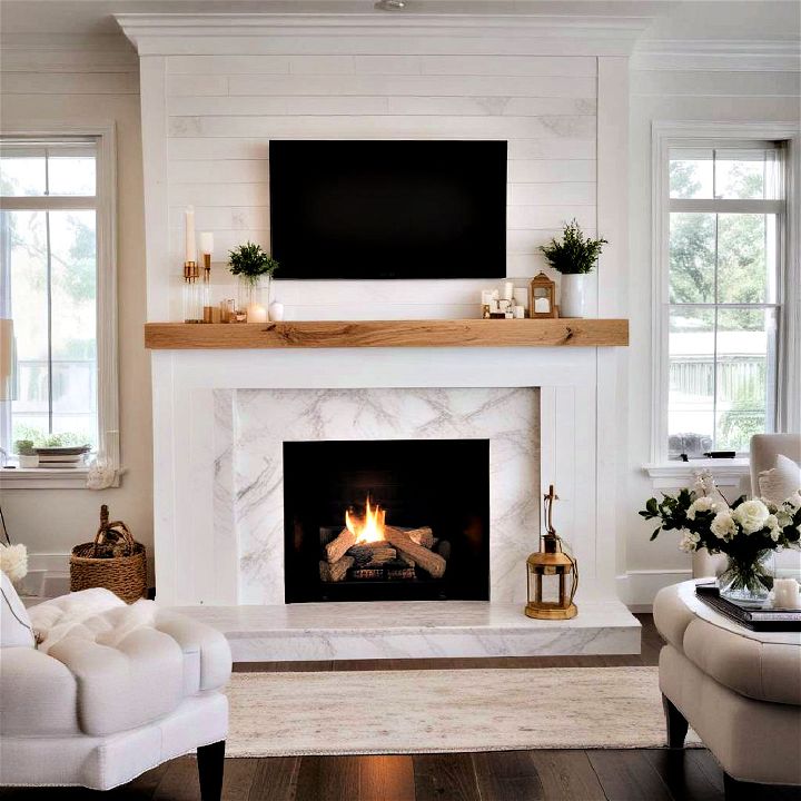 rustic charm luxe marble and shiplap fireplace