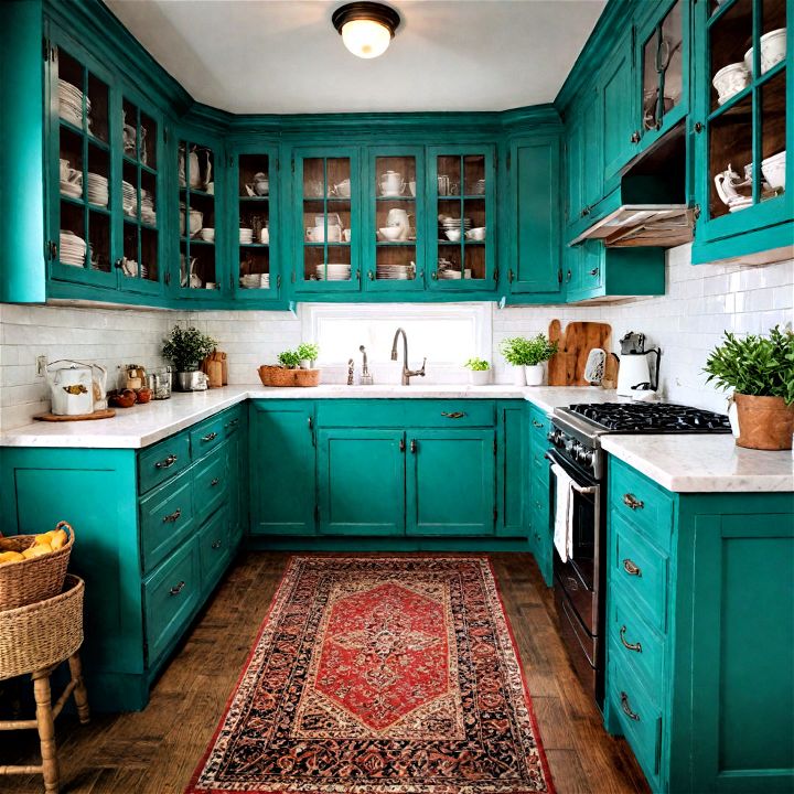 rustic charm teal green farmhouse cabinets