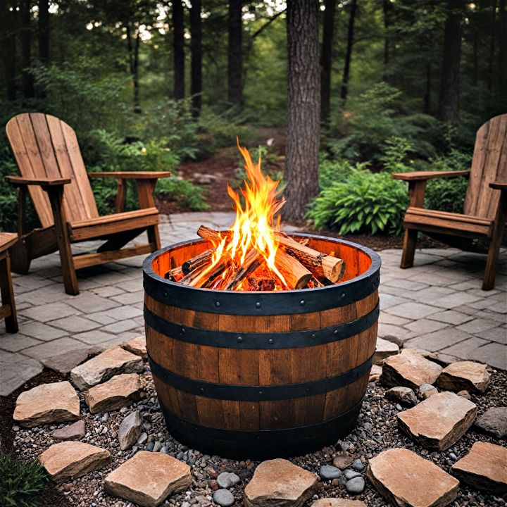 rustic cozy upcycled whiskey barrel fire pit