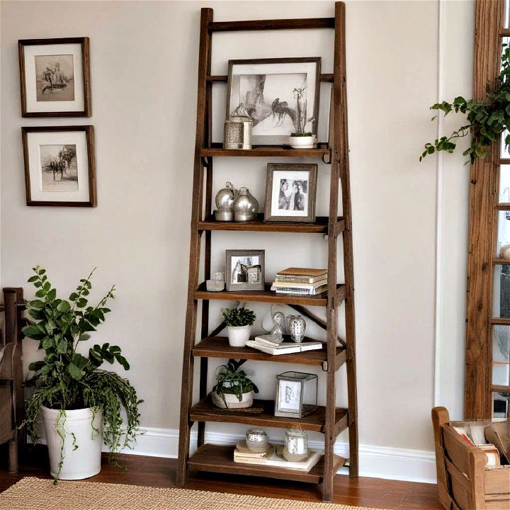 rustic ladder shelving to add storage whimsy to the farmhouse aesthetics
