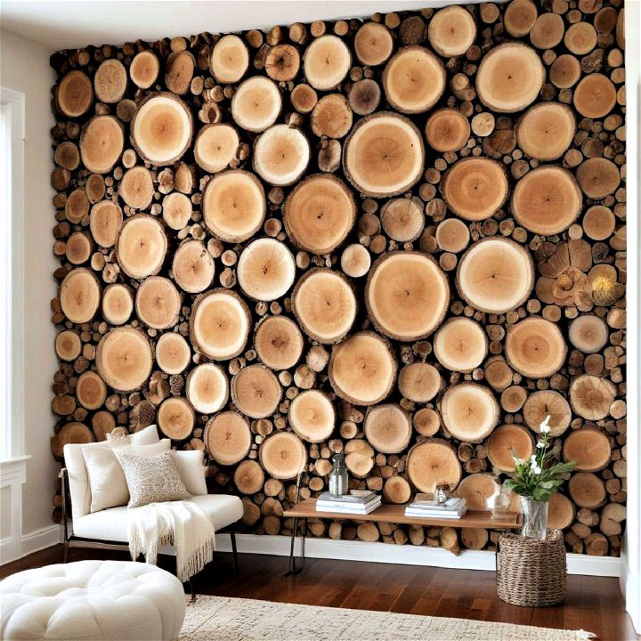 rustic log slices for wood accent wall