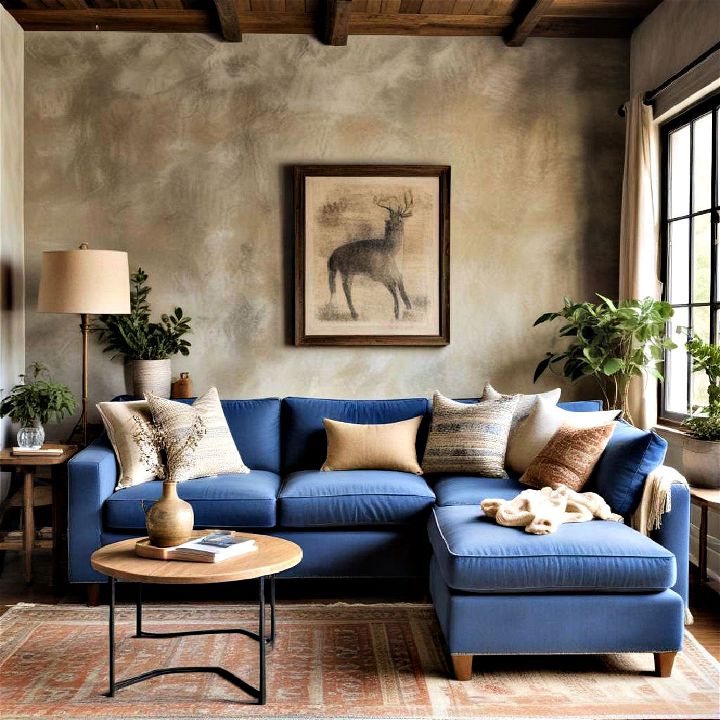 rustic retreat blue couch living room
