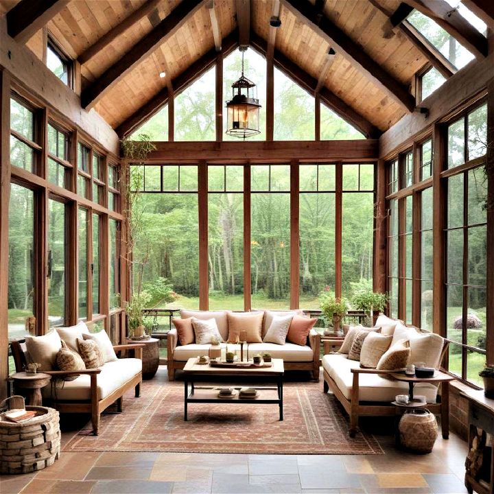 rustic retreat wood and stone into your sunroom design