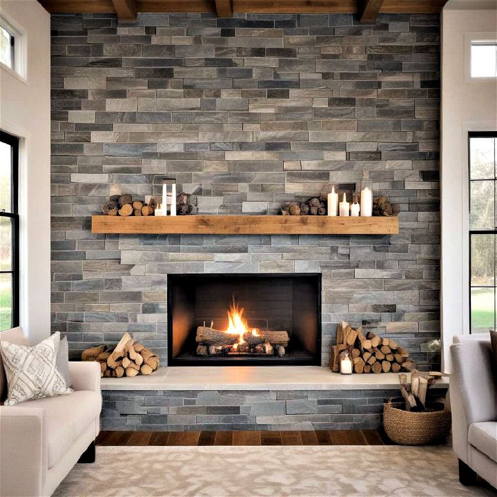 rustic texture of shiplap fireplace with stone accents