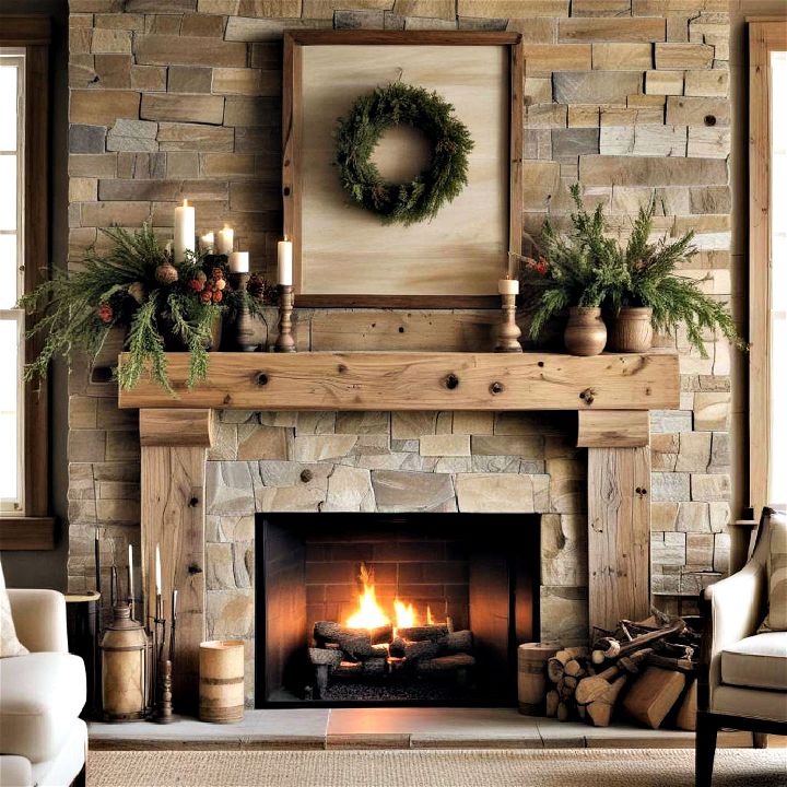 rustic wooden mantel decor for evoking a cozy cabin feel