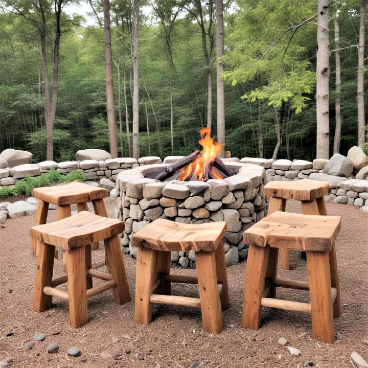 rustic wooden stools around the fire pit