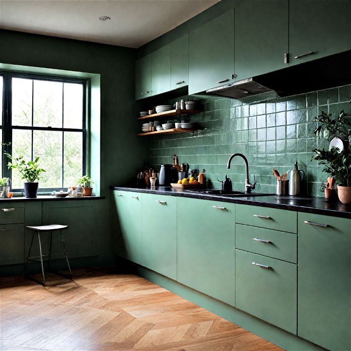sage green backdrop for bold contrasts in a contemporary kitchen