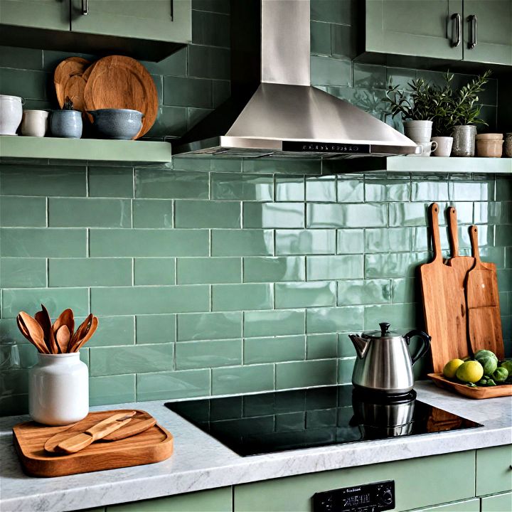 sage green backsplash with glossy finish to bring lively spark to your kitchen