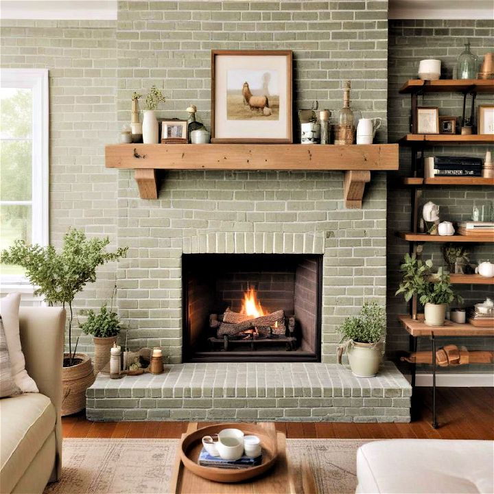sage green painted brick fireplace