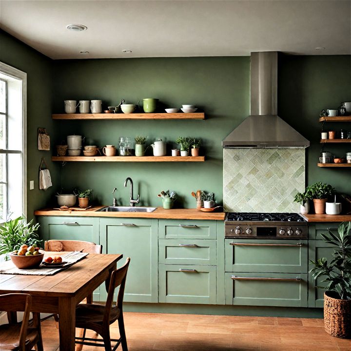 sage green with other earth tones to create a welcoming kitchen space