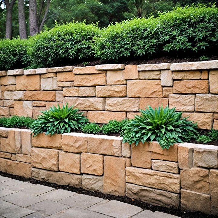 sandstone block wall for a sloped backyard