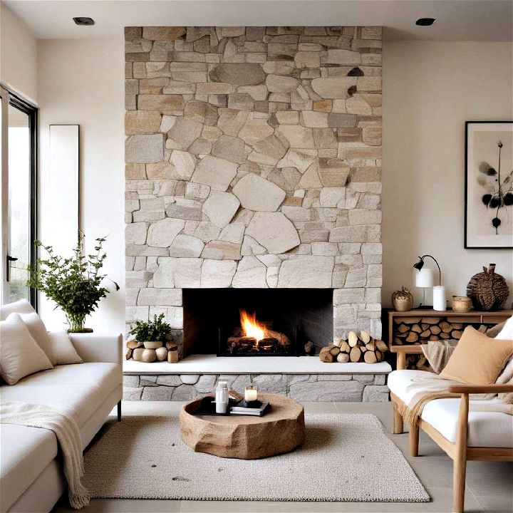 scandinavian style stone fireplace