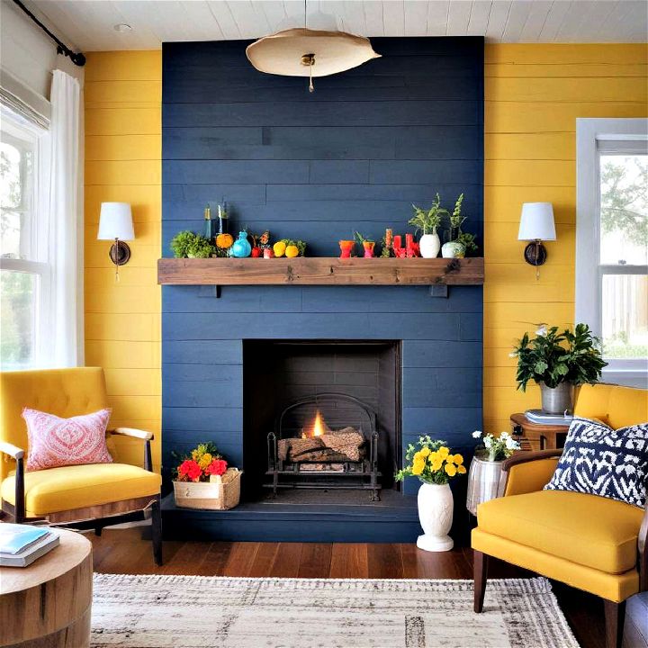shiplap fireplace with a pop of color