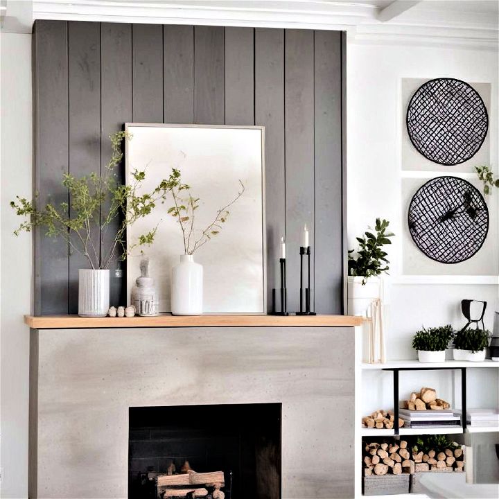 shiplap fireplace with concrete accents