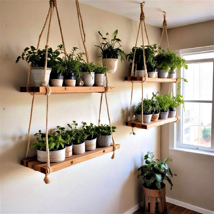 simple rope and wood shelf garden