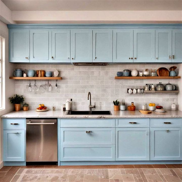 sky blue cabinets for a bright cooking space
