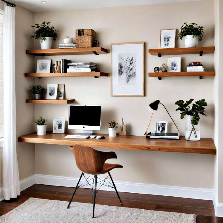 sleek and modern floating shelves and desks