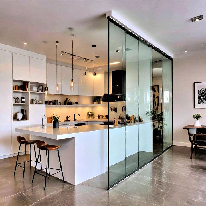 sleek glass partitions for open kitchen space