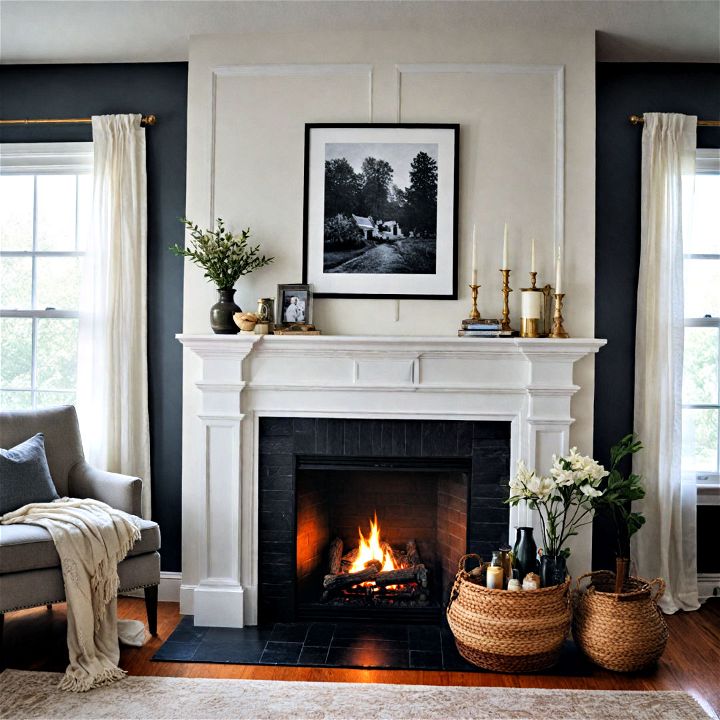 sleek monochromatic themed fireplace decor