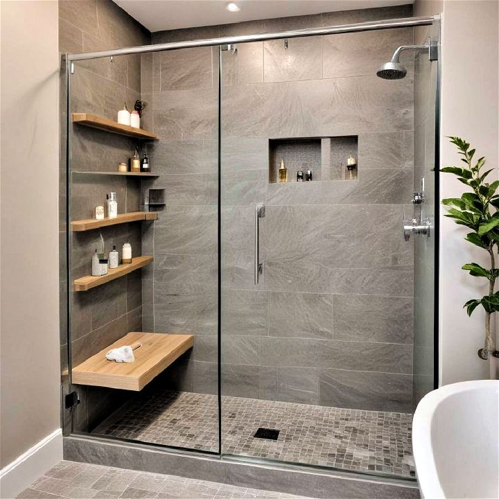 small bathroom walk in shower with bench
