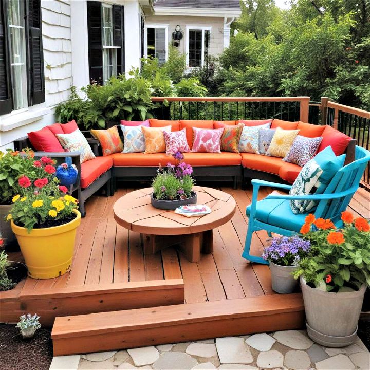 small deck with splashes of vibrant color in furniture