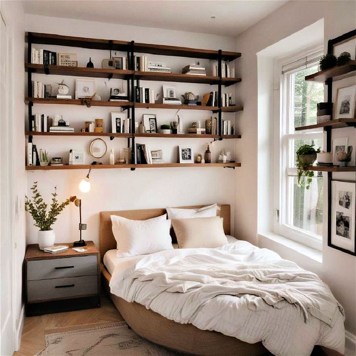 small guest bedroom with perimeter shelving