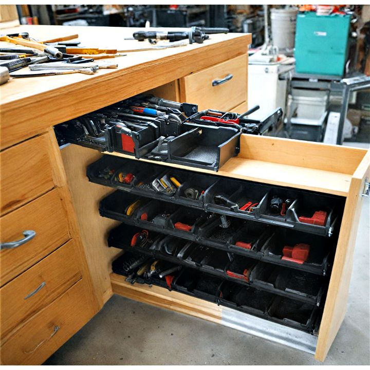 smart workbench with vertical tool drawers
