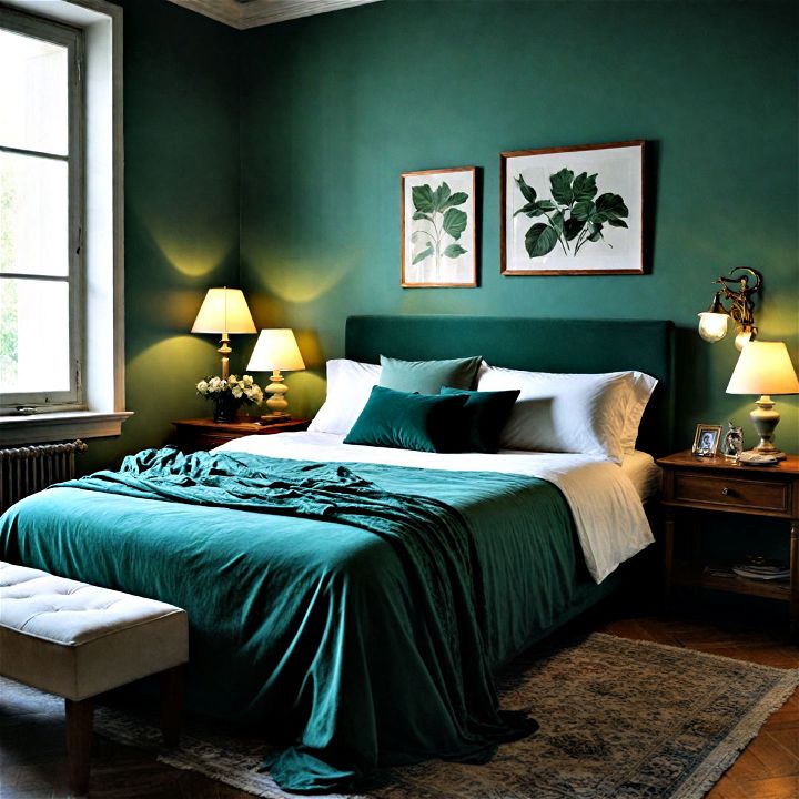 soothing calming monochromatic scheme emerald green bedroom