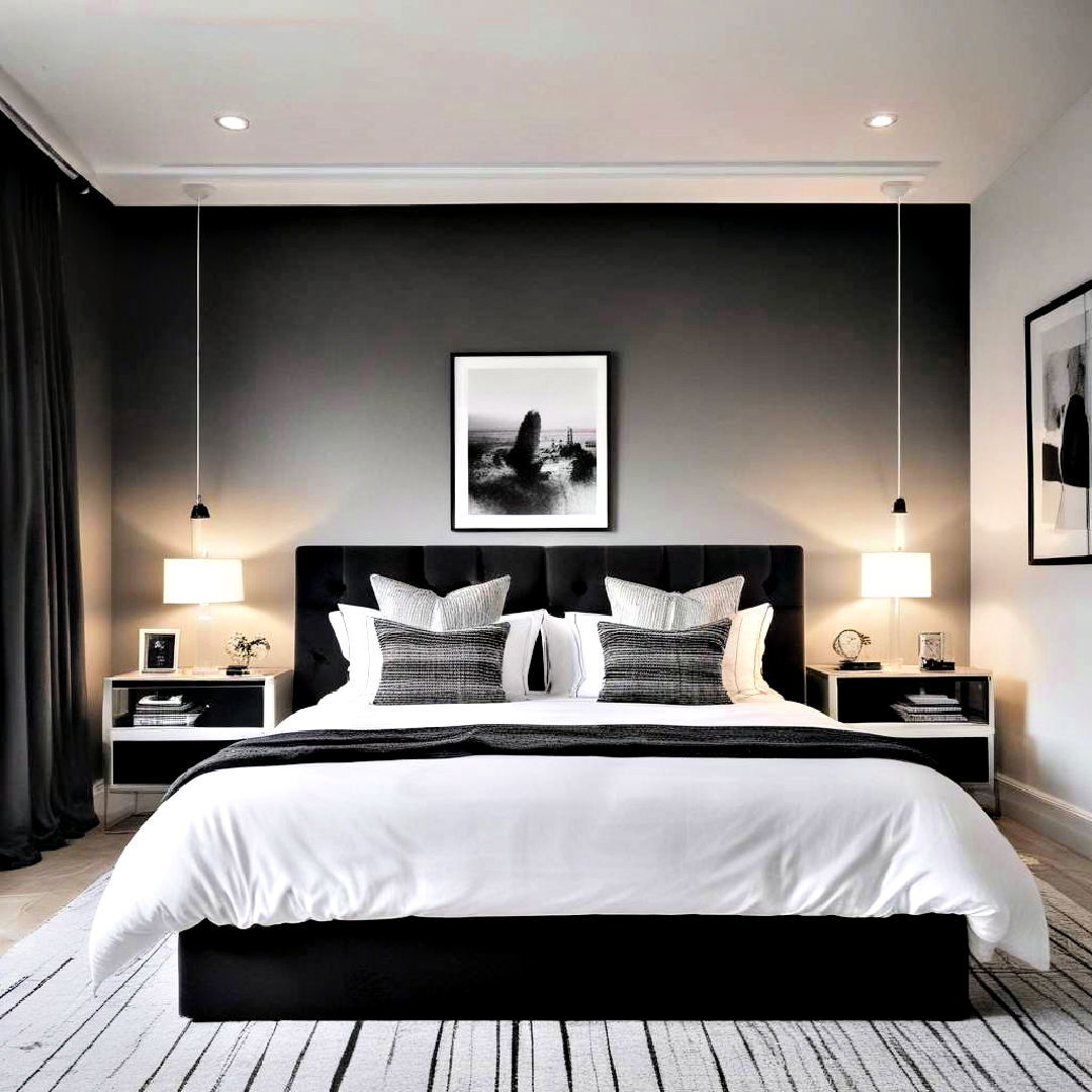 sophisticated black and white monochrome bedroom