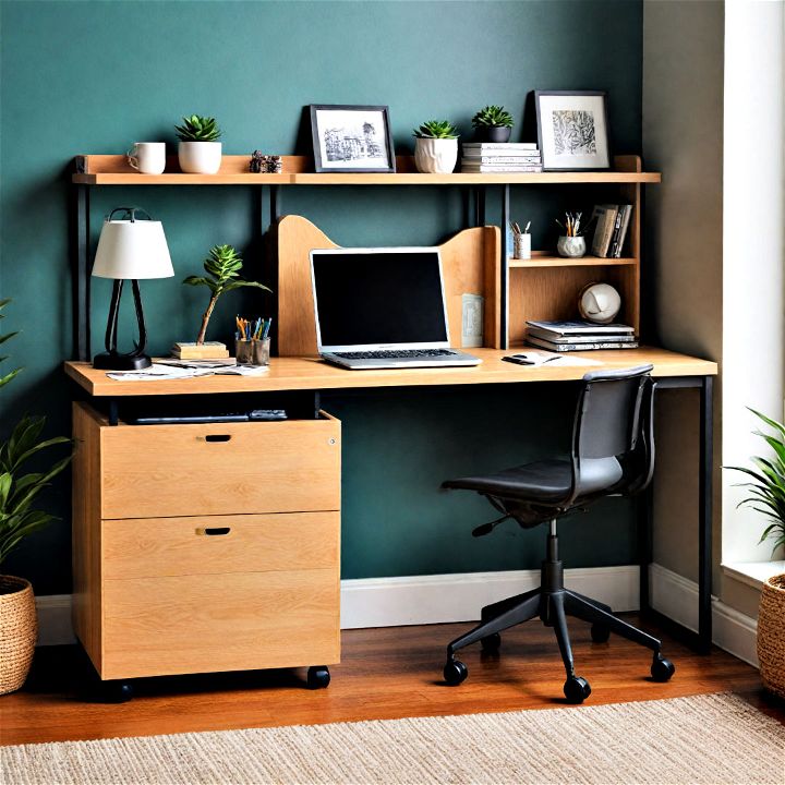 space saving desk with built in shelves