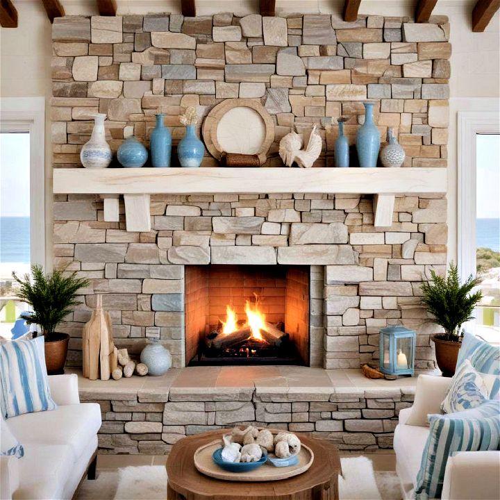 stone fireplace with coastal vibe