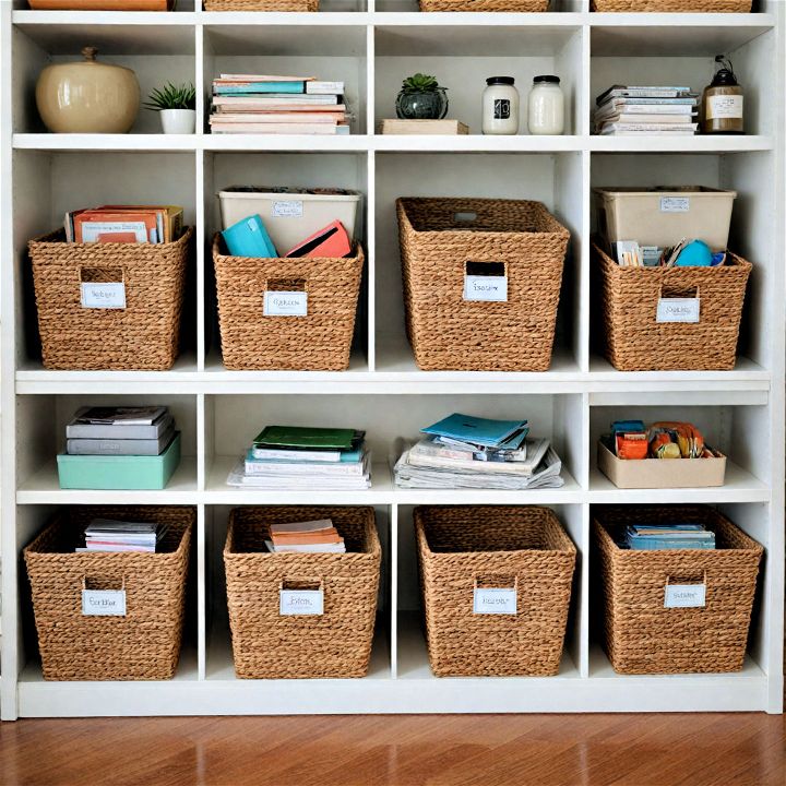 storage bins and baskets for an organized office