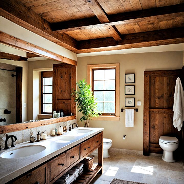 striking rustic wood beam bathroom accents