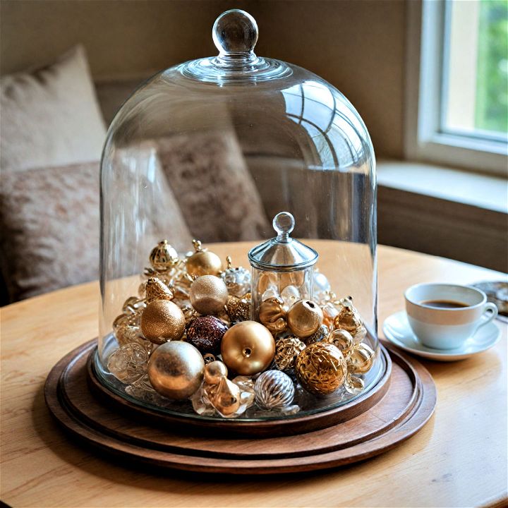 stunning glass cloche with keepsakes for coffee table decor
