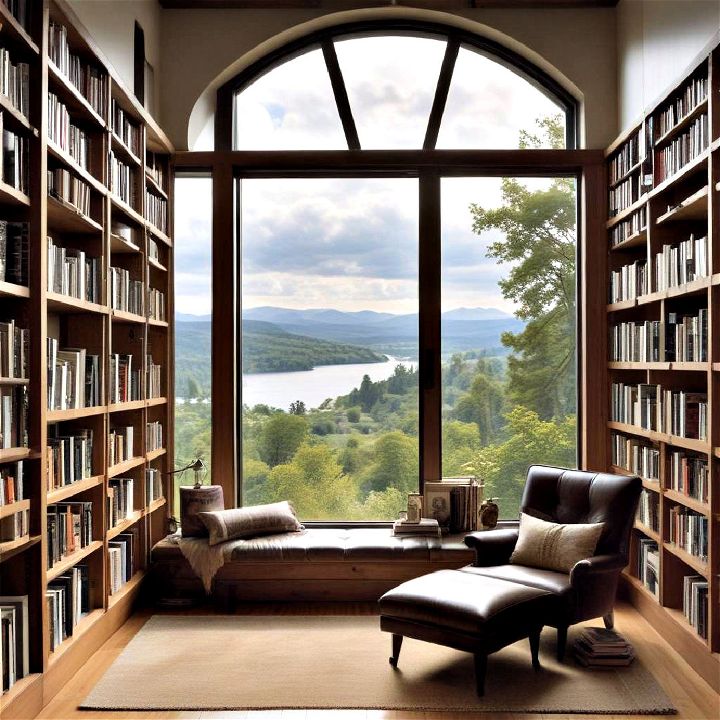 stunning home library with a view