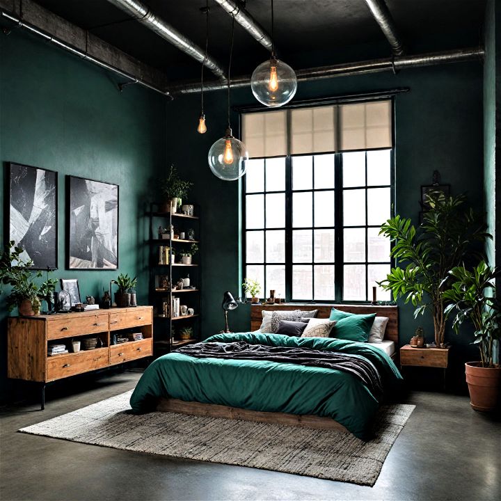 stunning industrial loft inspired dark green bedroom