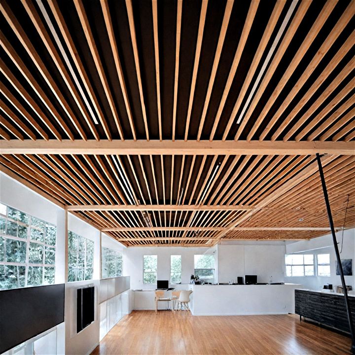 stylish ceiling beams with acoustic panels
