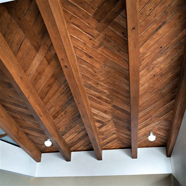 stylish herringbone patterned ceiling beams