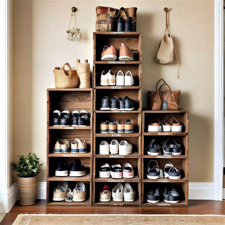 stylish shoe storage with vintage crates